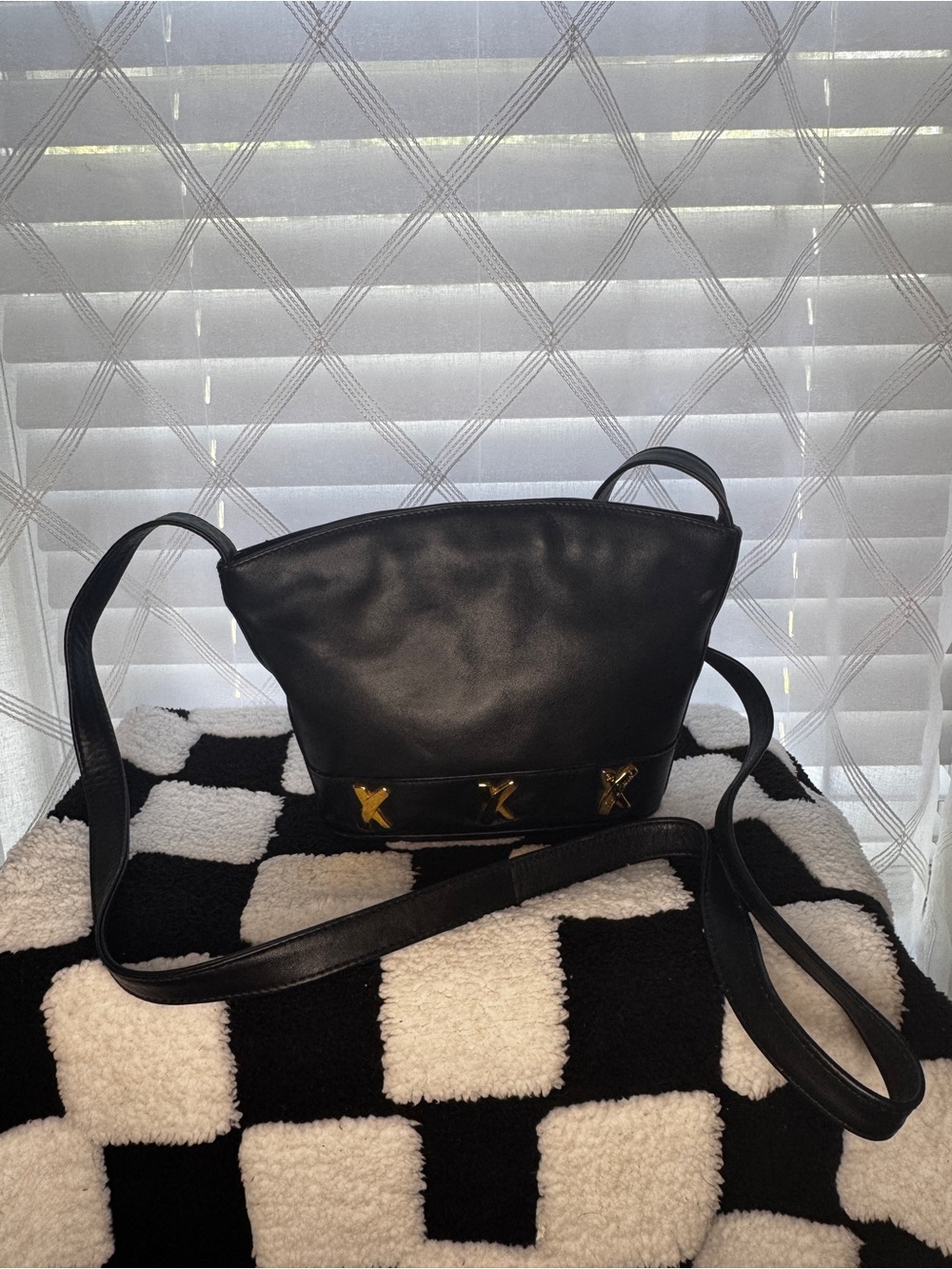 Vintage Paloma Picasso Black Leather Shoulder Bag + Satin Kiss Lock Coin Purse